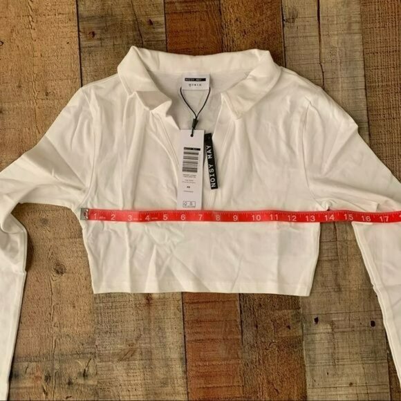 Noisy may women's size XS long sleeve crop top polo with v neck in white NWTs - Picture 2 of 7